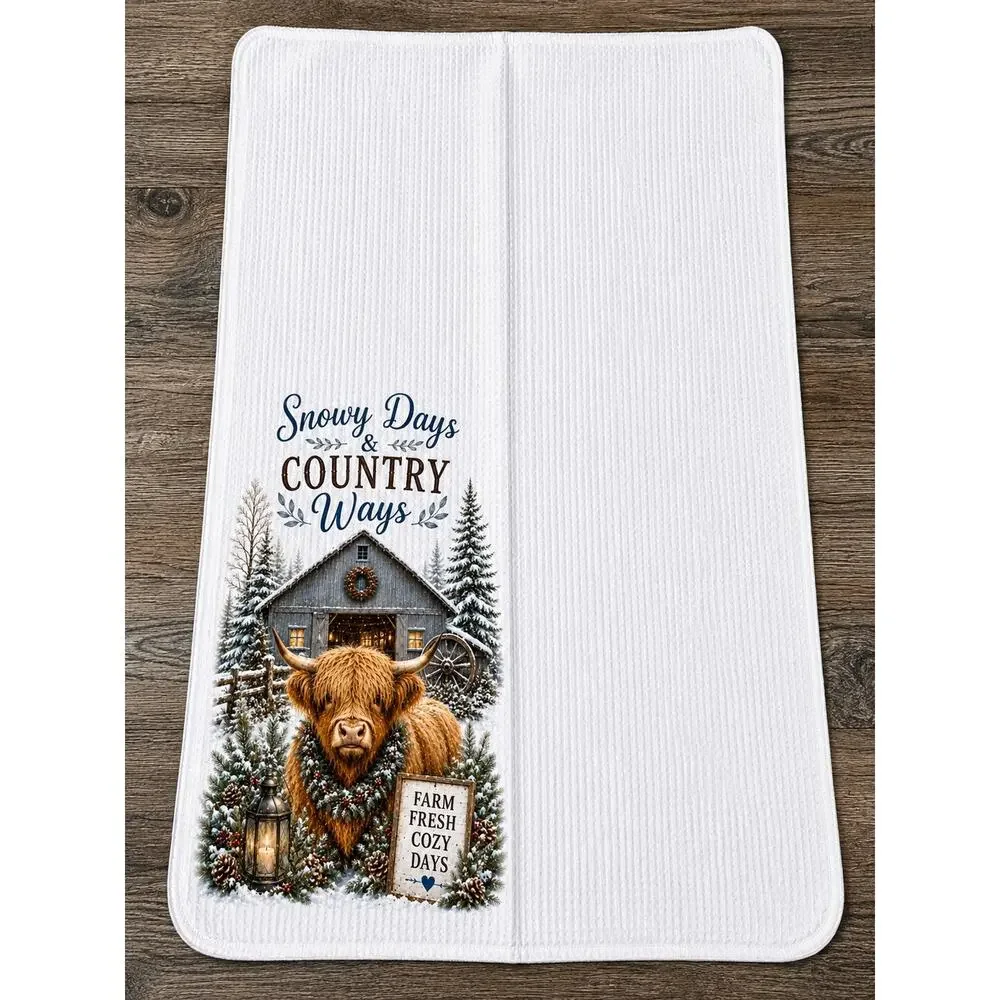 Highland Cow Snowy Days Country Ways Winter Kitchen Towel Farmhouse